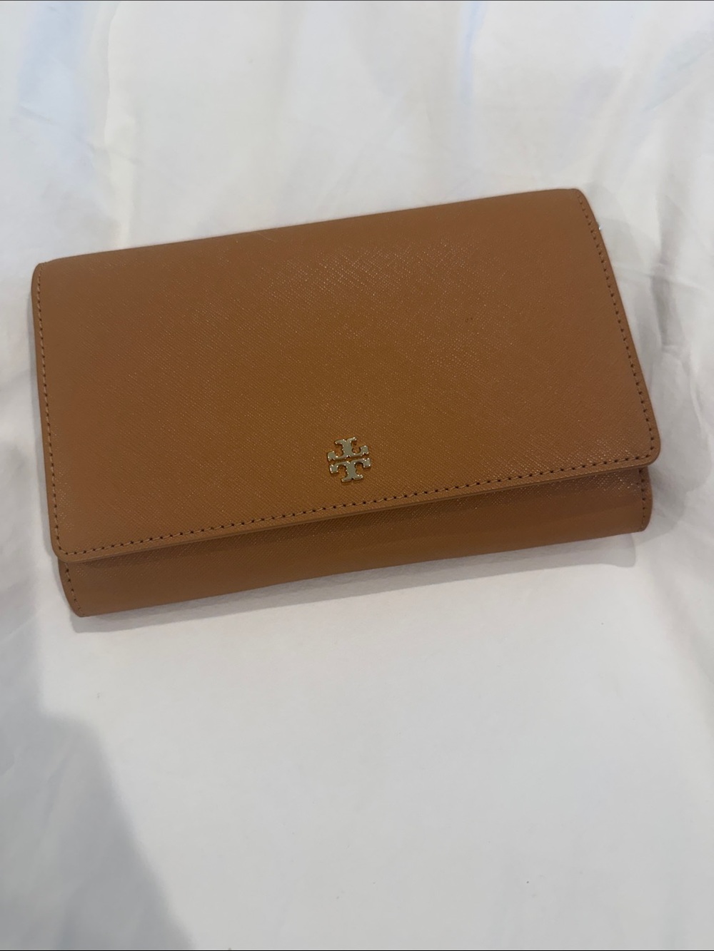 Tory Burch Caramel Leather Fold Wallet with Gold Logo and Gold Leather Strap